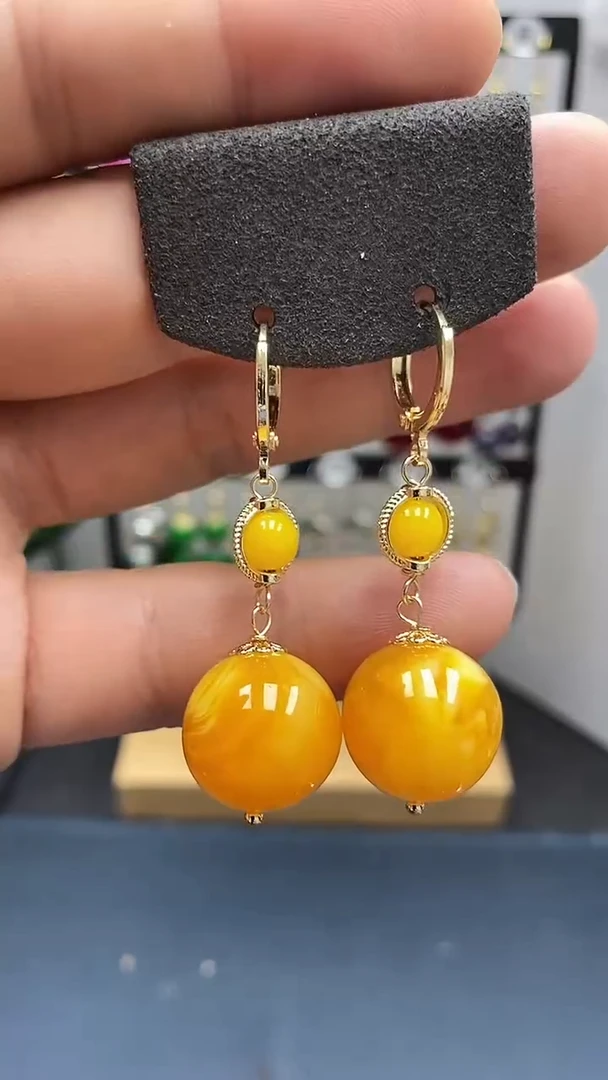 银S925镀金镶嵌蜜蜡耳饰尺寸16mm耳扣D1