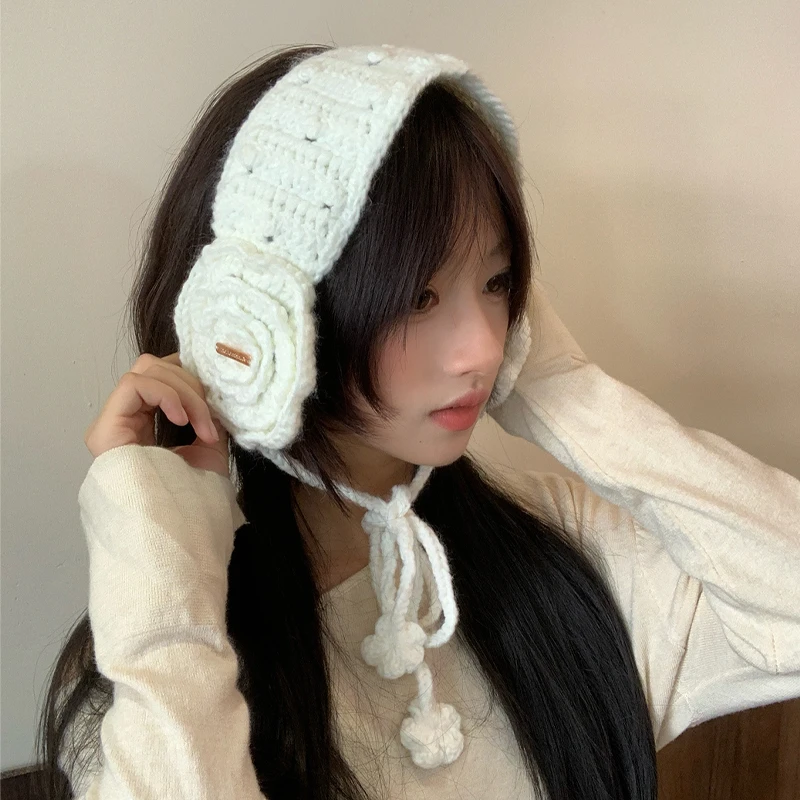 日系简约花朵毛线耳罩女款2025秋冬季新款骑行护耳防寒针织耳捂子