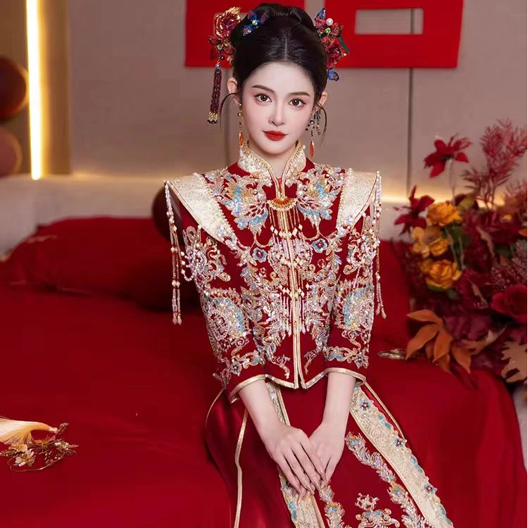 秀禾服新娘2024年秋冬新款中式结婚礼服嫁衣女敬酒服出阁服丝绒厚