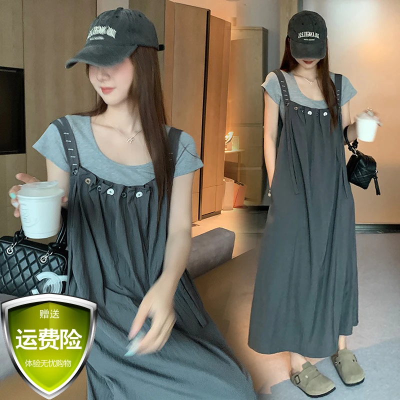 孕妇套装夏季新款韩版时尚款显瘦上衣中长款减龄孕妇背带裙两件套