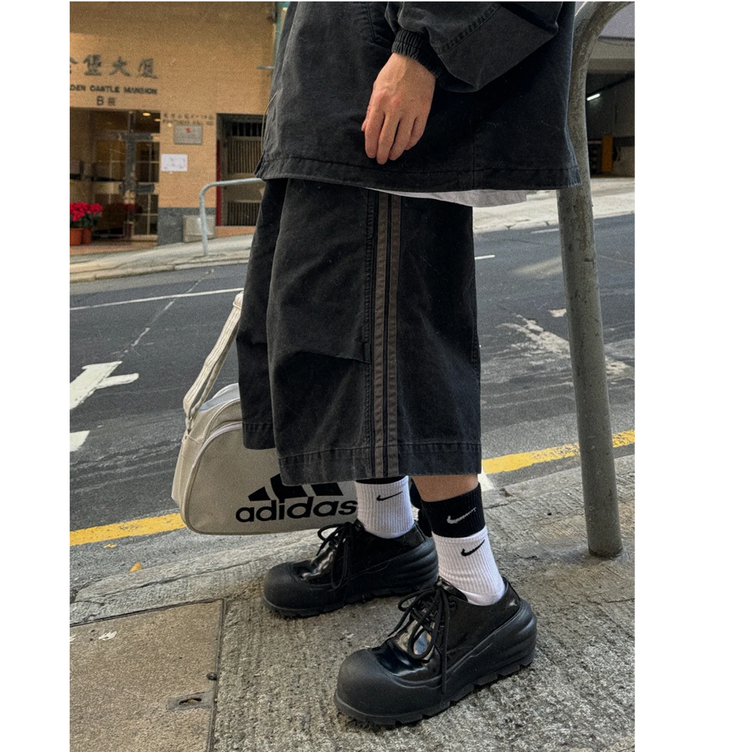 Aurocean 水洗旧感工装运动风短裤 纯棉宽松大版立体收褶黑色中裤