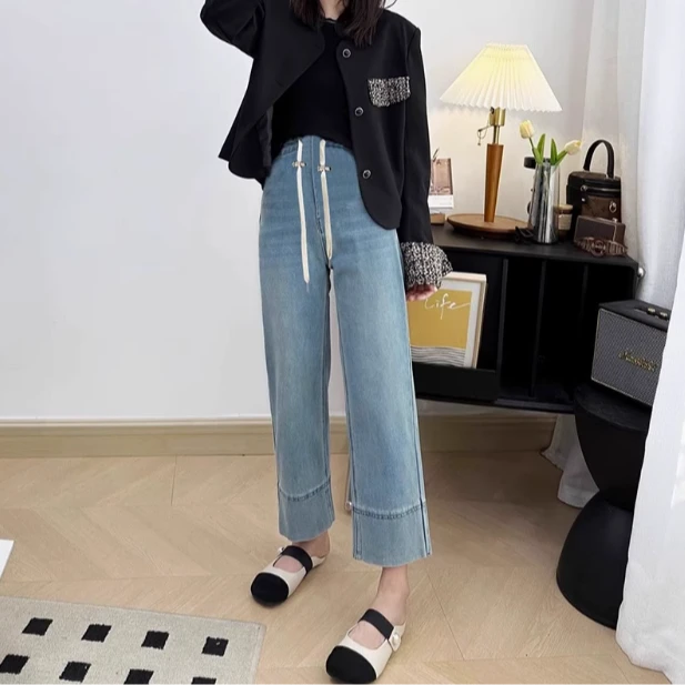 春季新品孕妇直筒裤新款弹力牛仔裤抽绳外穿显瘦百搭孕妇九分裤