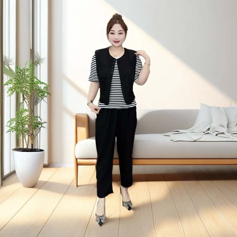 夏季款套装条纹T恤衫钮扣马甲九分裤三件套大码女装时尚洋气显瘦