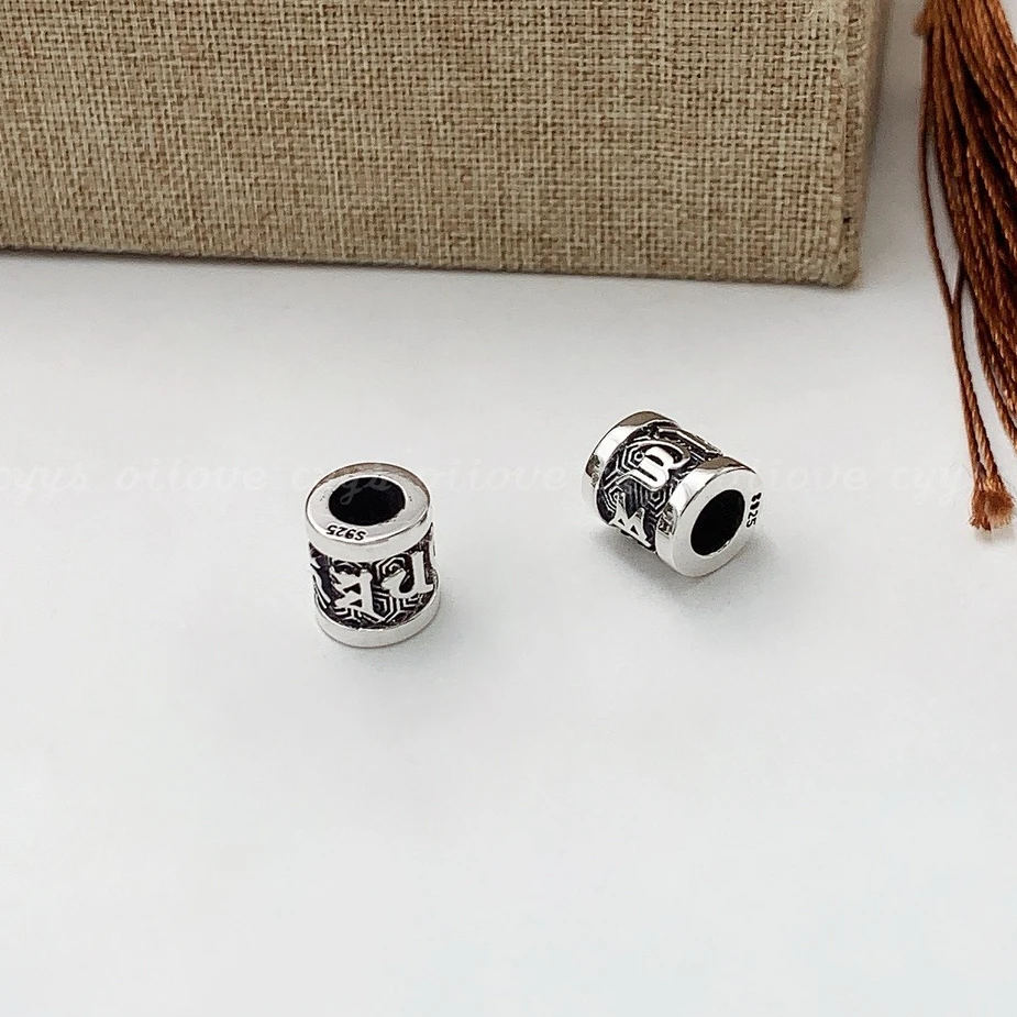 吊坠925银 浮雕六字真言厚桩小桶珠（不含绳链）复古国潮休闲百搭