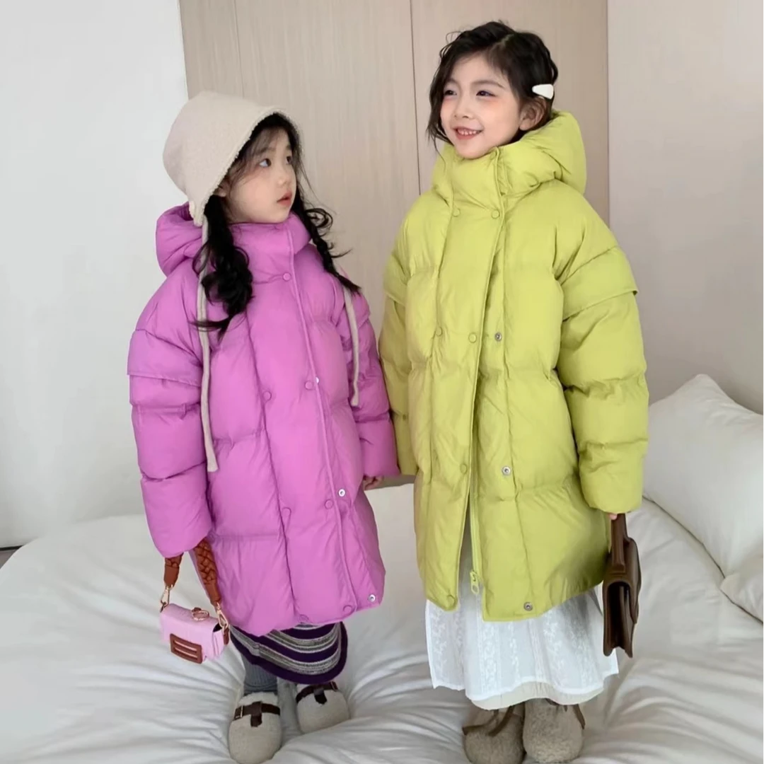 女童中长款羽绒服2024新款洋气儿童百搭冬季加厚小被子连帽外套冬