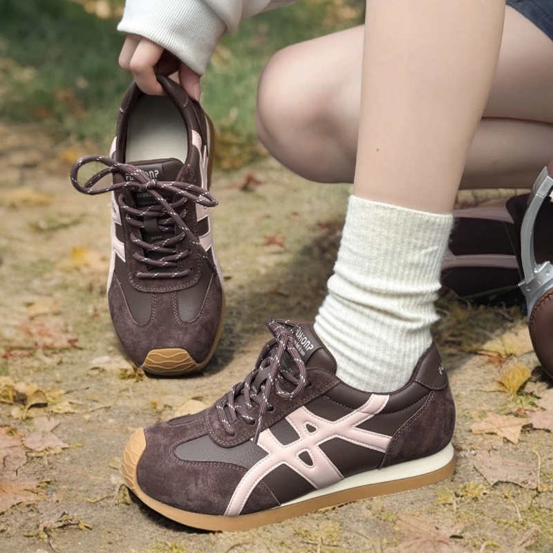 漫斯贝尔真皮德训鞋女春季新款百搭圆头系带时尚舒适休闲运动鞋潮