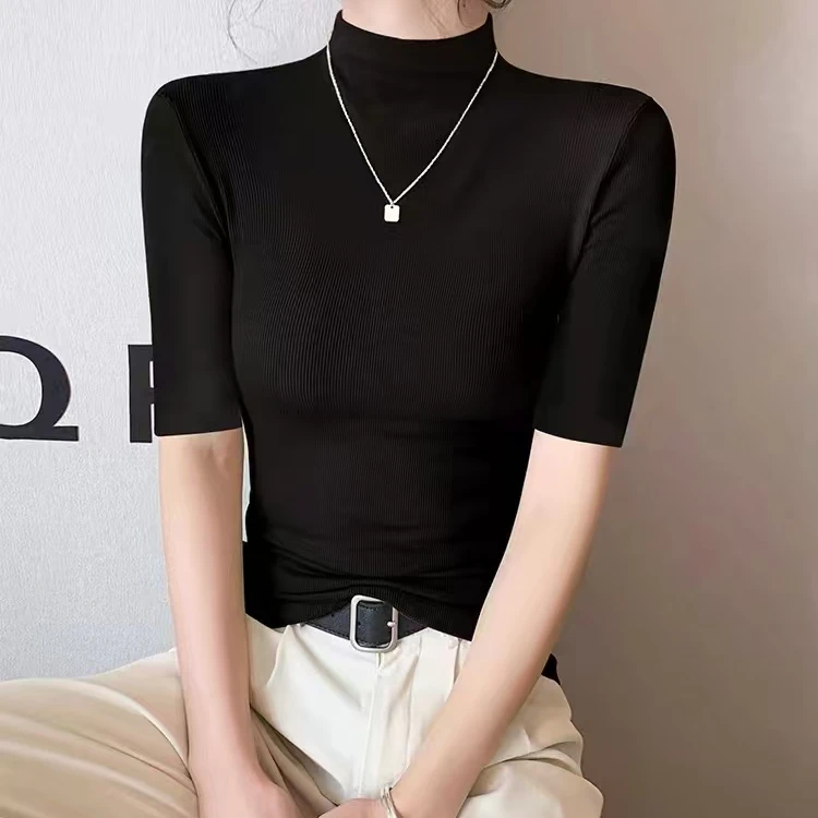 气质打底衫时尚百搭修身半高领中袖半袖纯色