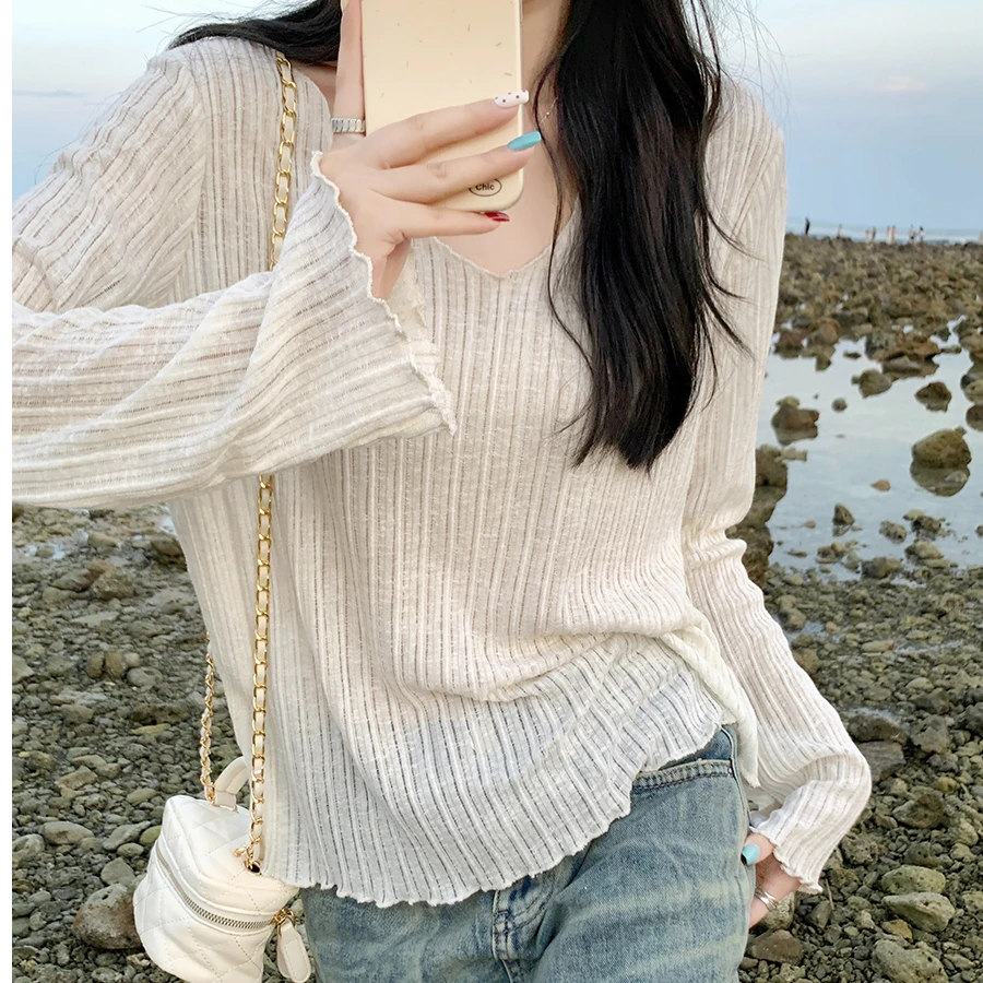 夏季微透木耳边防晒罩衫女春秋外穿长袖宽松慵懒感T恤甜辣妹上衣