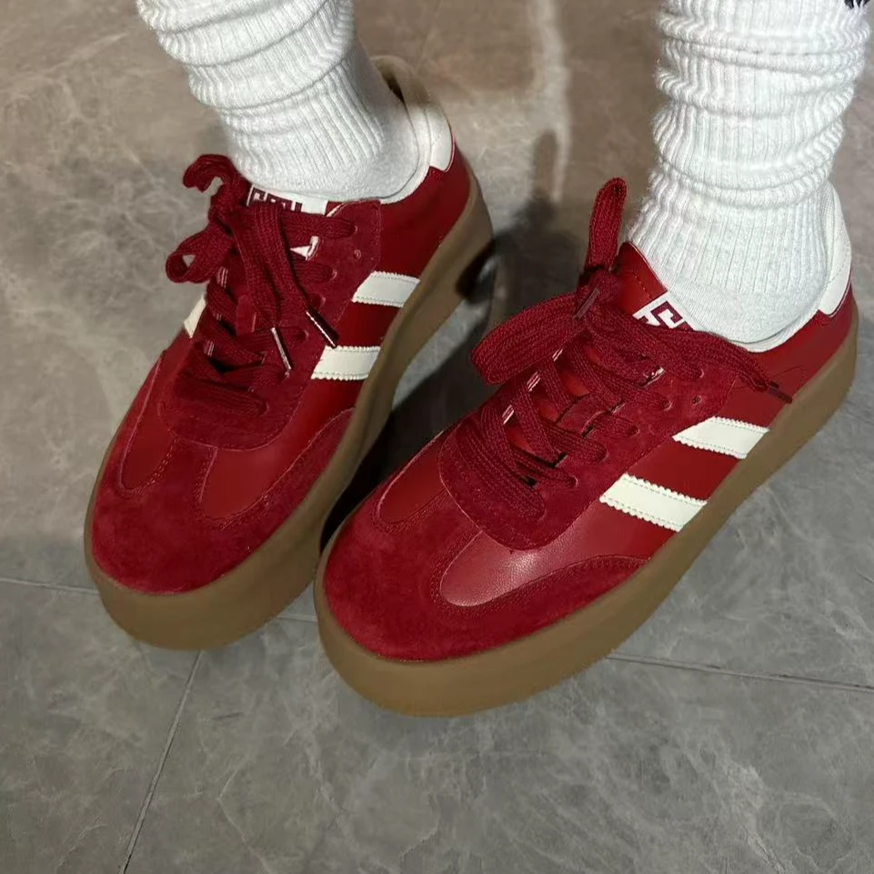 BUZH2025新款复古舒适新年款红色两道杠厚底鞋阿甘鞋女运动鞋