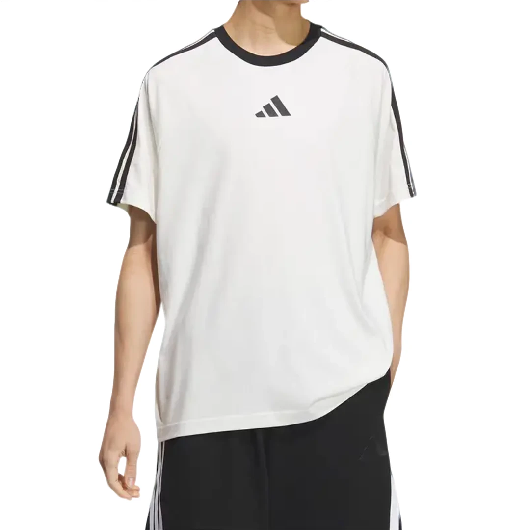 adidas阿迪达斯流光风白色新款男子三条纹时尚运动圆领T恤KC3867