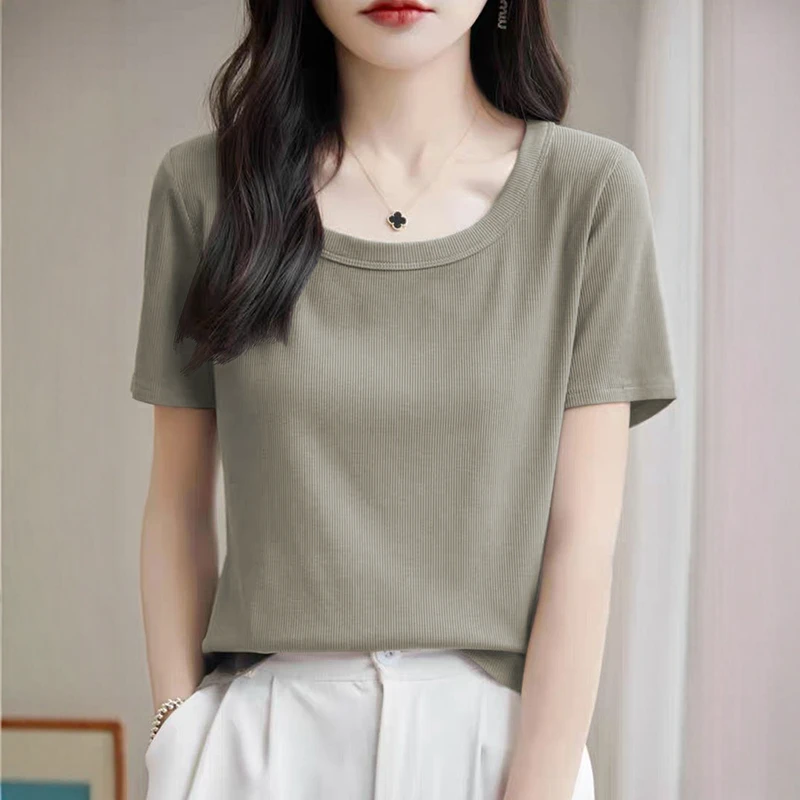 正肩u领短袖t恤女爆款老钱风女式衣服微胖mm女款大码百搭显瘦上衣