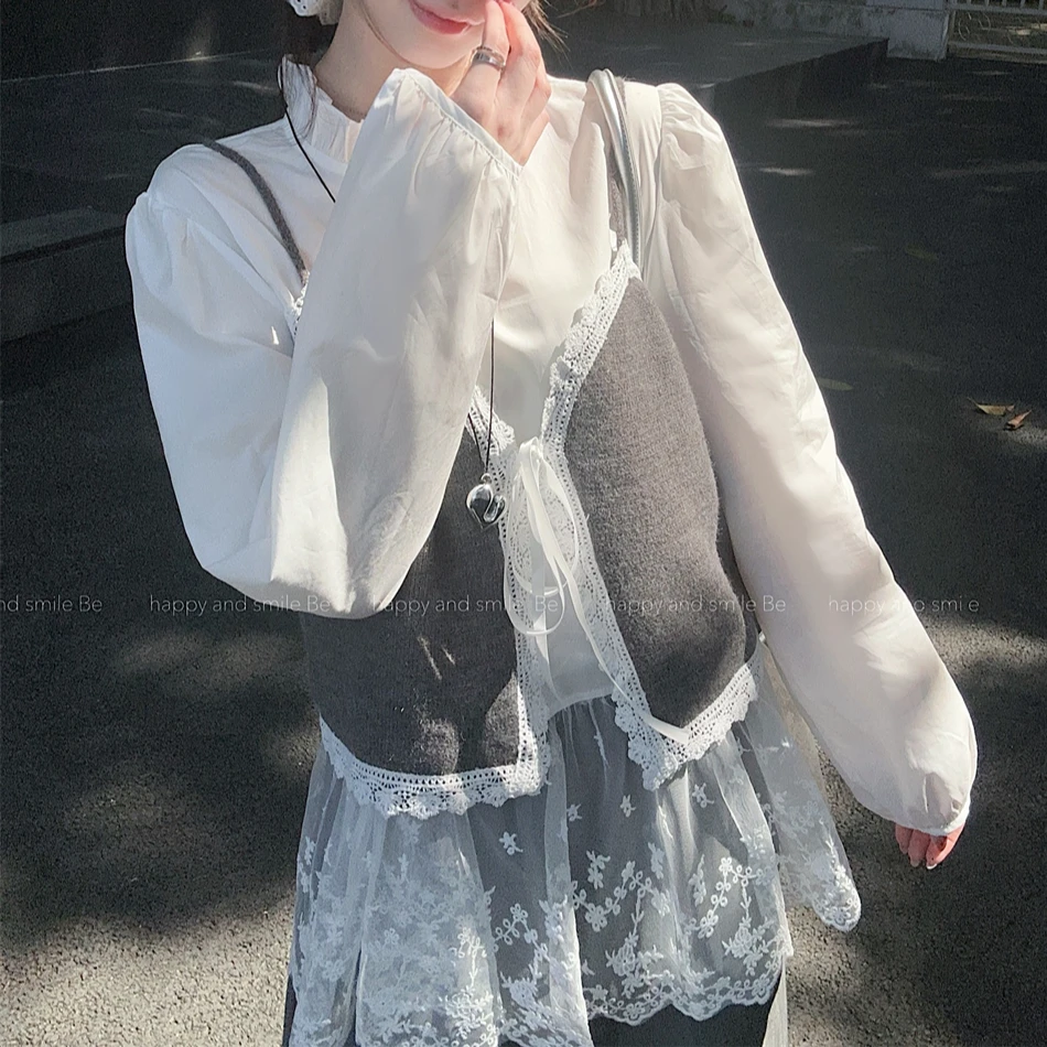 大码胖mm法式蕾丝拼接吊带马甲立领木耳边衬衫2025超火秋装一整套