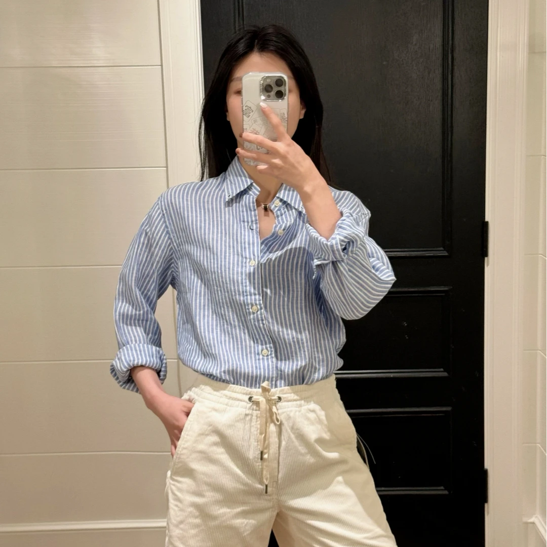 小马刺绣亚麻条纹衬衫  夕夕