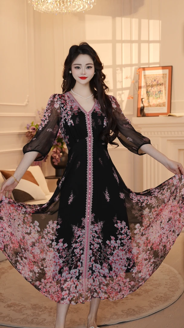 【樱舞清风】25年新定位花名媛风优雅气质收腰高端连衣裙