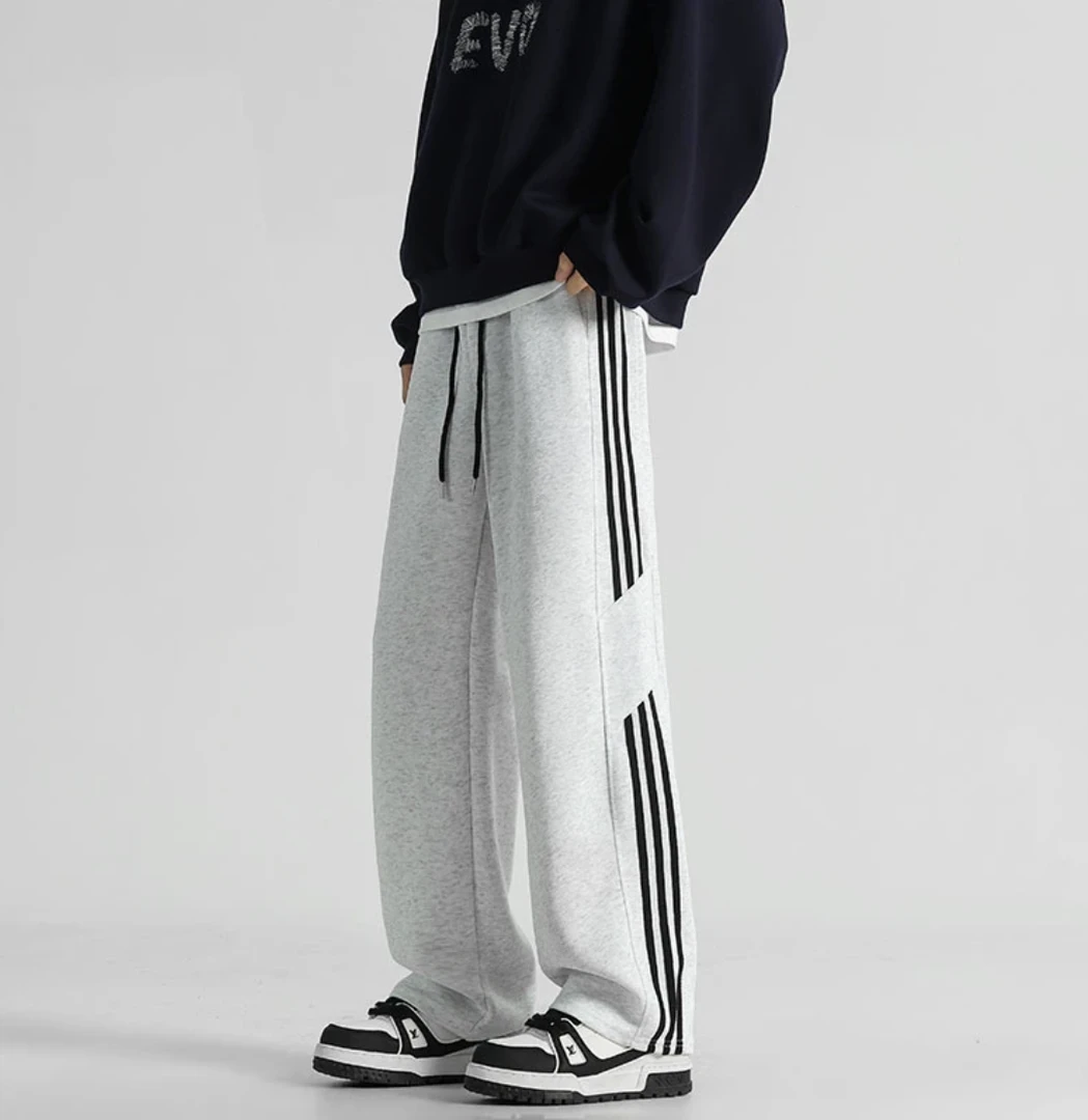 春秋条纹美式裤子男宽松大码休闲显瘦直筒阔腿长裤卫裤百搭运动裤