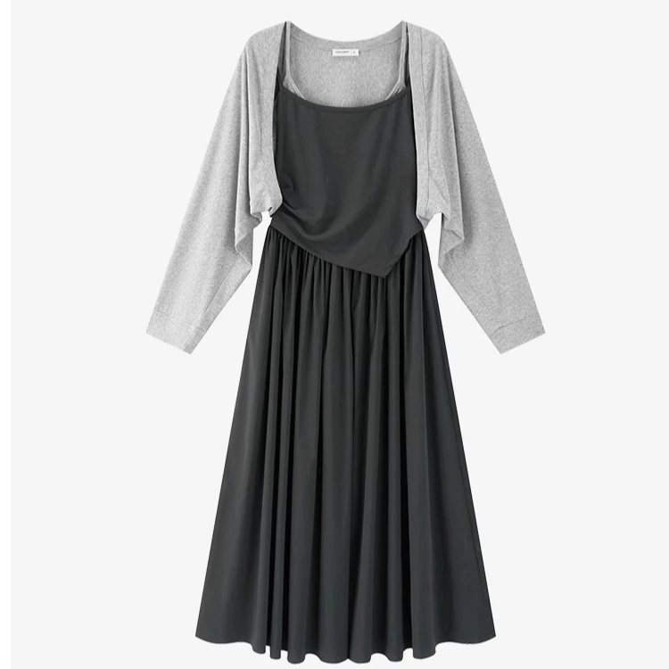 羊城故事-不规则衣摆吊带假两件连衣裙套装长袖开衫两件套2652