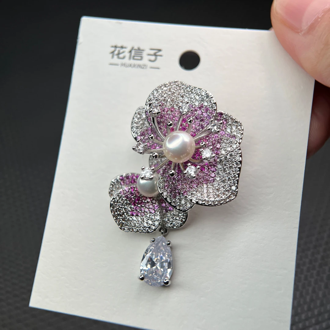 铜淡水珍珠胸针 9131 红蕊双生花 冬季新品设计师重工高档胸花