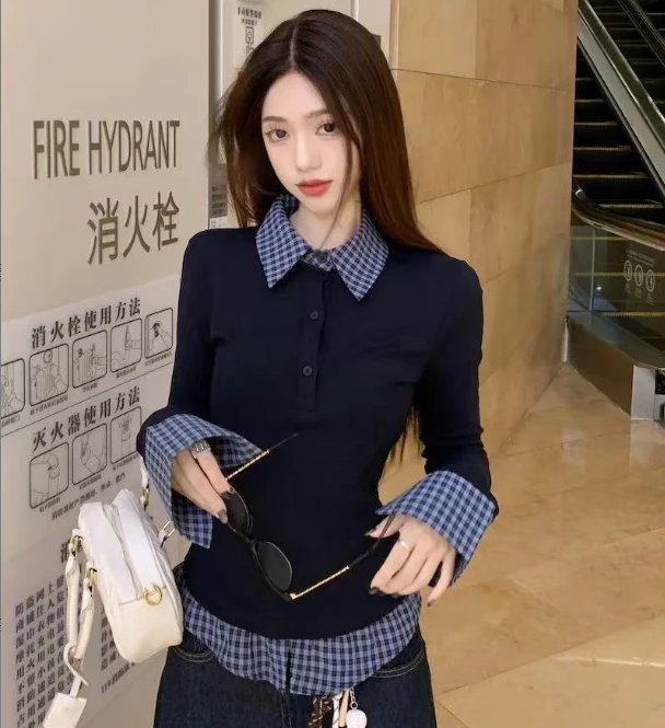 美式学院风假两件小众拼接衬衫长袖T恤女春秋新款修身收腰上衣