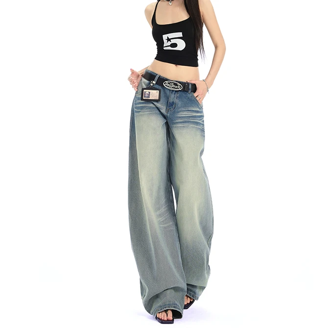 美式复古水洗浅色低腰阔腿牛仔裤女夏季猫须设计感宽松显瘦拖地裤