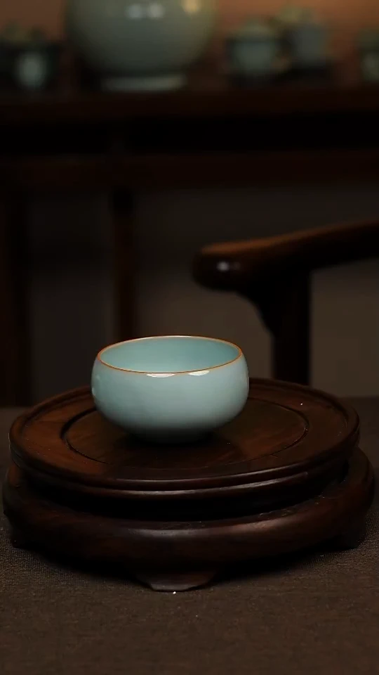 瓷片天青色全手工描金罗汉杯120ml微瑕不带礼盒