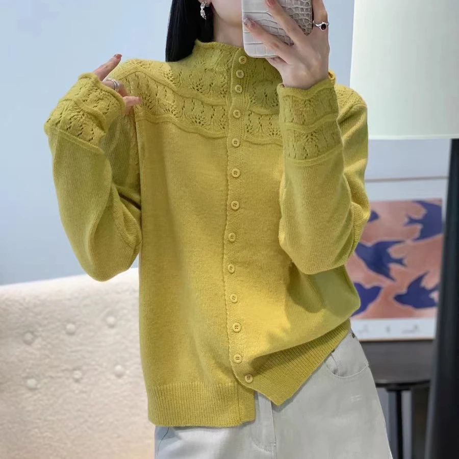 【柔织-黄】半高领镂空钩花针织开衫女2025秋冬新款单排扣长袖显瘦