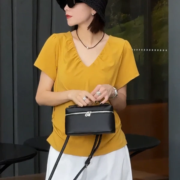 大码女装慵懒风褶皱收腰V领短袖t恤新款胖mm显瘦小众气质纯棉上衣