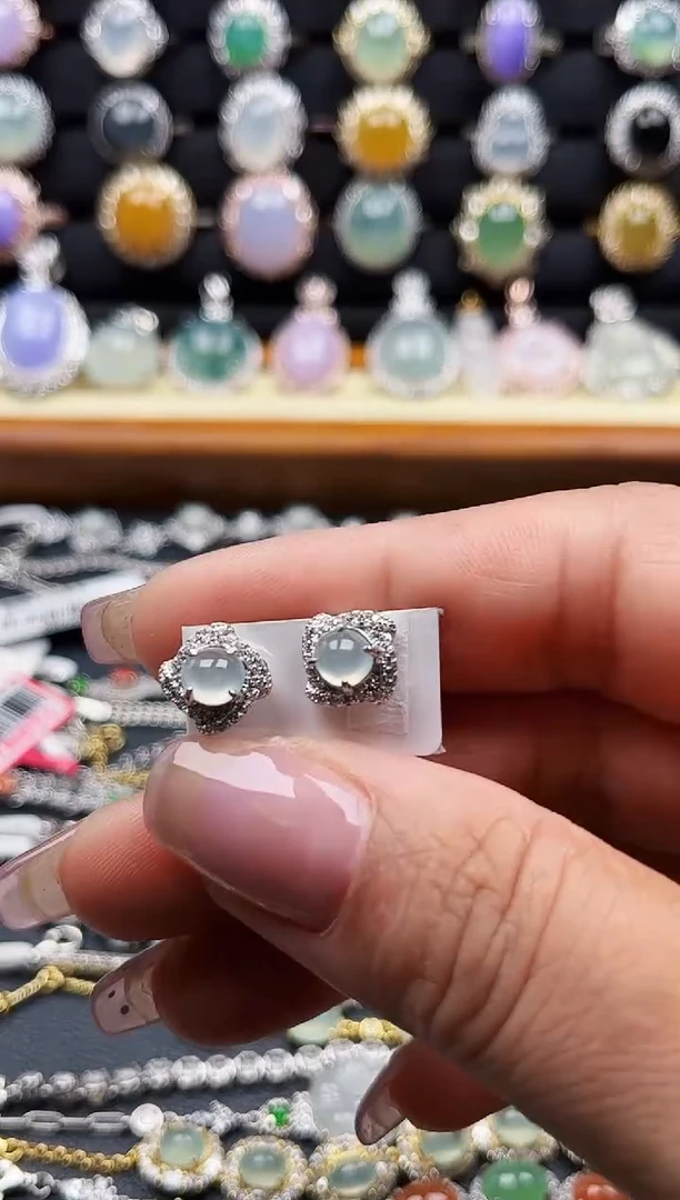 翡翠银S925镶嵌耳饰缅甸天然A货翡翠S925银镶嵌