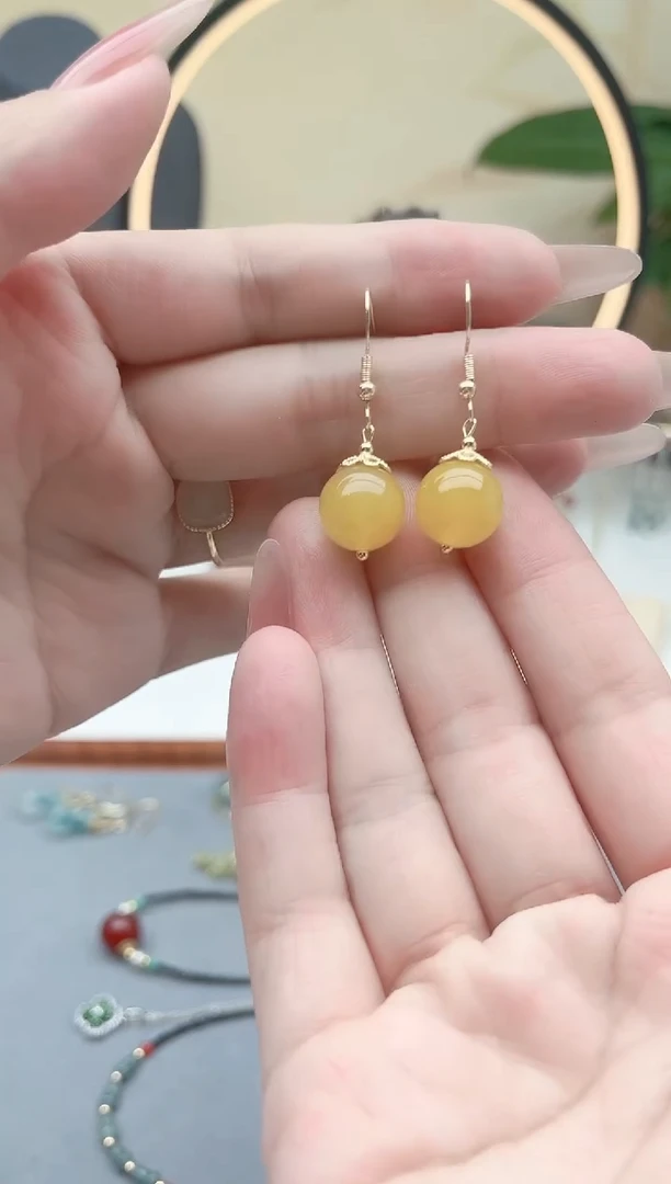 玛瑙/玉髓耳饰银S925镶嵌00黄色单珠