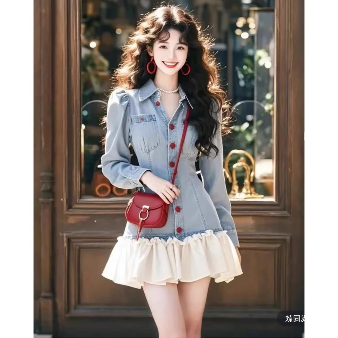 2025爆款超火早春高级感独特轻奢收腰小众不撞款名媛牛仔连衣裙女