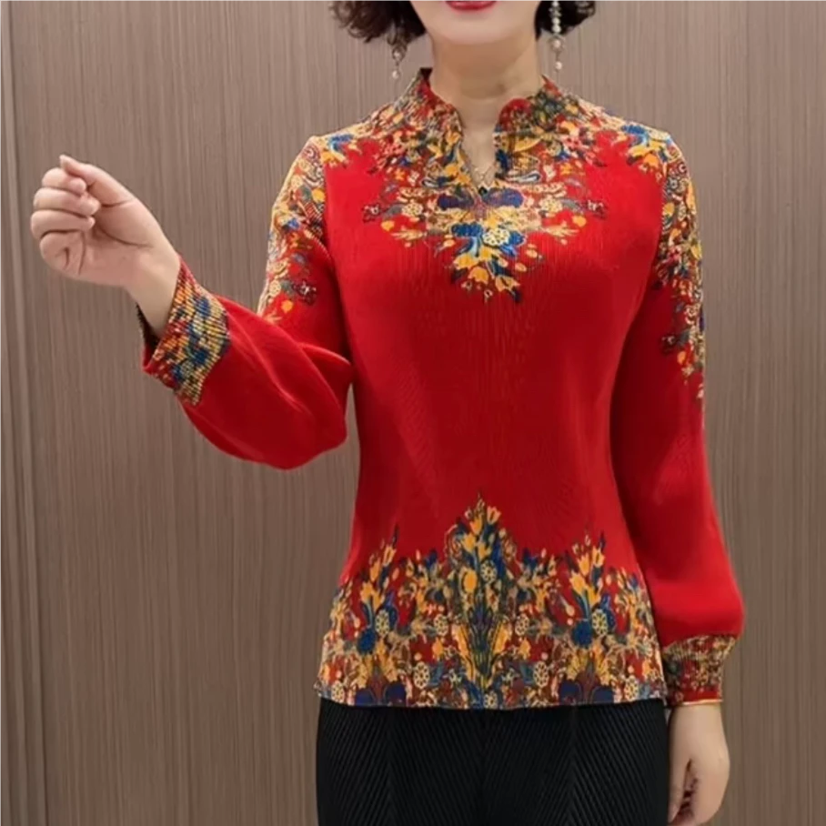 妈妈立领T恤衫显瘦减龄透气春秋中老年套头打底衫女士褶皱小衫女