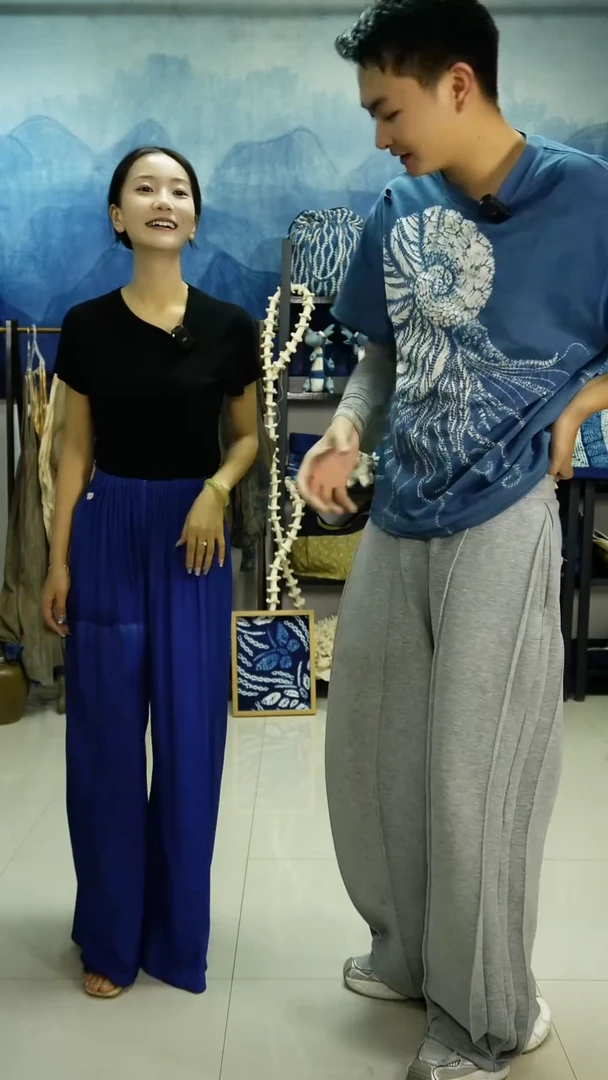 织绣手工蓝染丝绵长裤