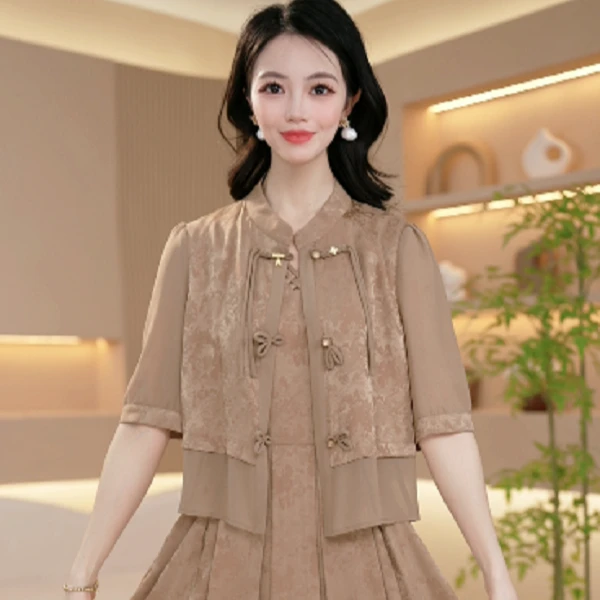中式设计感重工复古气质减龄显瘦连衣裙两件套套装