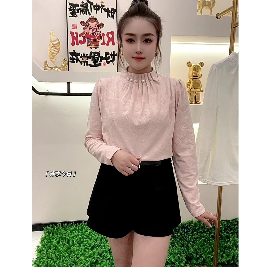 欧货新款1161时尚串珠立领提花打底优雅气质百搭显瘦