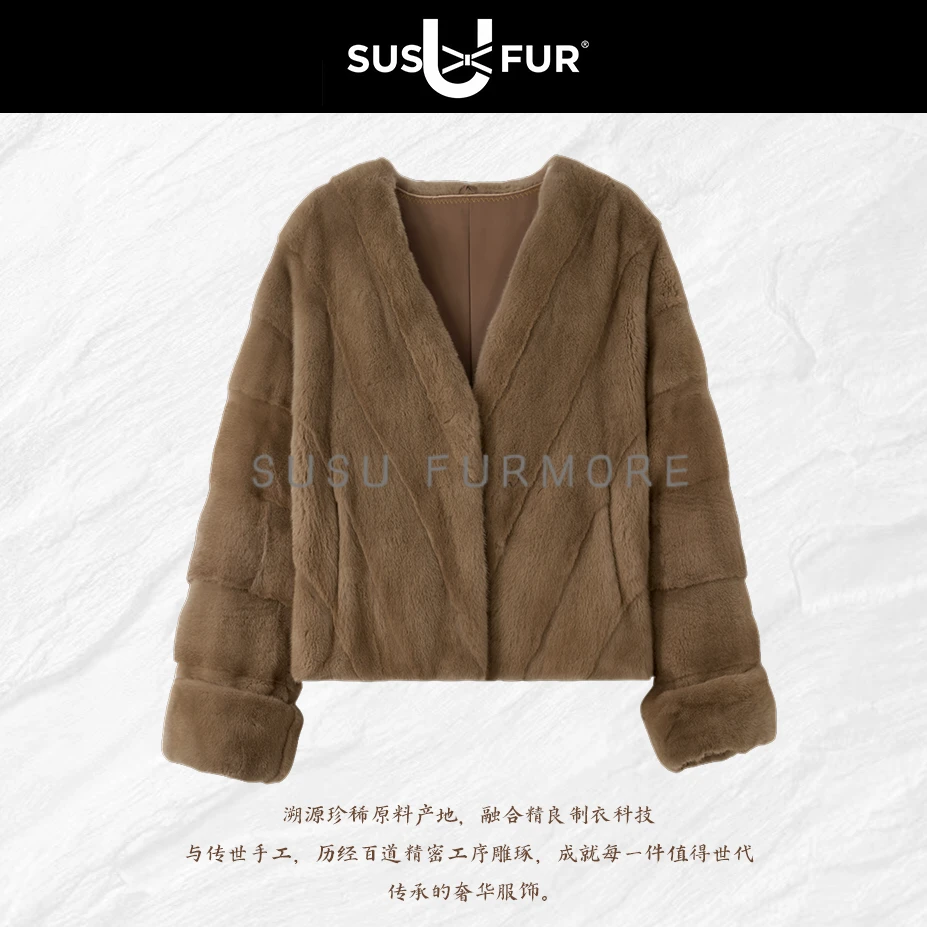 SUSU×FURMORE进口丹麦小母貂新款V领斜排挽袖品质皮草外套2427