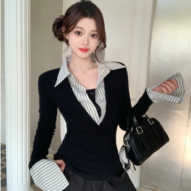 大码胖mm修身显瘦条纹T恤女春季2025新款气质长袖假两件小衫上衣