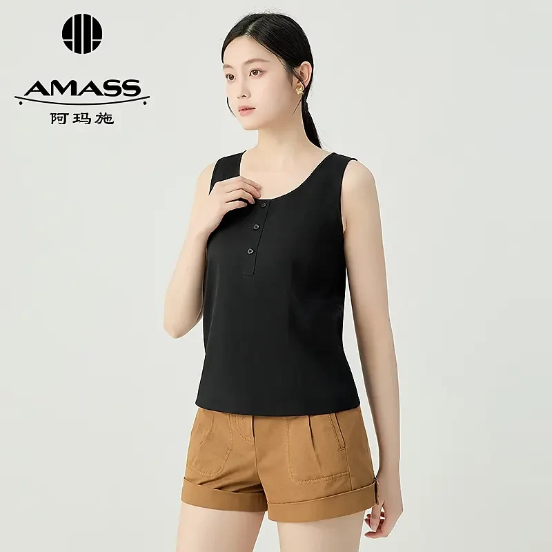 AMASS/阿玛施简约宽松百搭纯色装饰扣丝质薄款套头背心530073