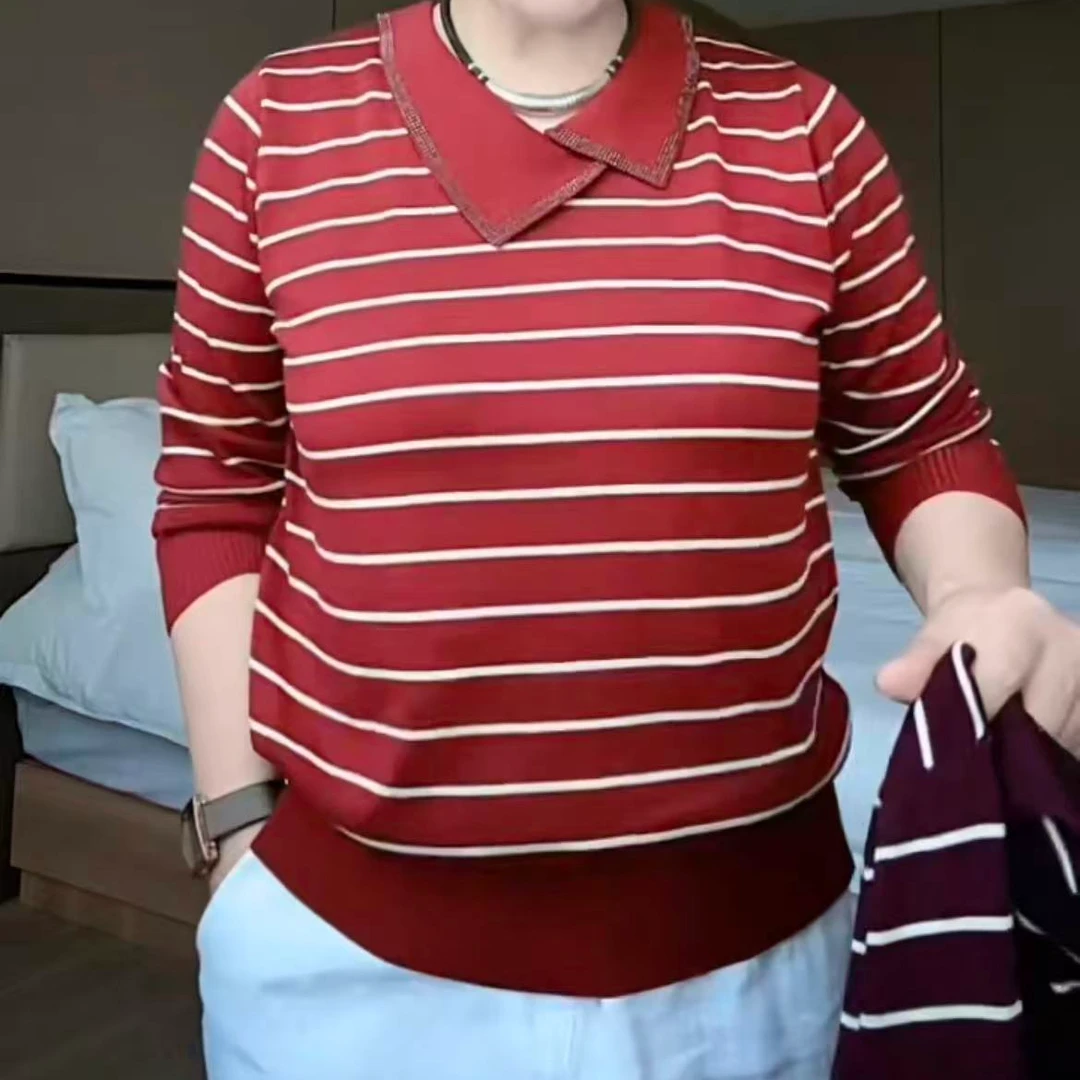 常规款条纹休闲女士秋季女装翻领常规针织衫莱塞尔天丝