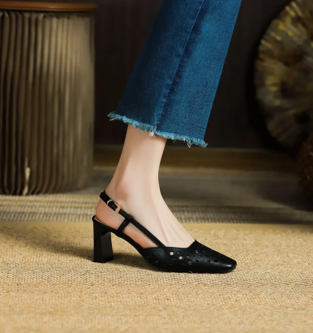 镂空时装凉鞋女方头法式复古一字带单鞋夏季配裙子气质粗跟高跟鞋