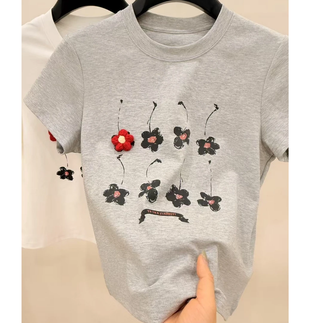 Pada.嘻&IM【深圳南油】韩系百搭 钩织花朵T恤 61652 Hi Fortune