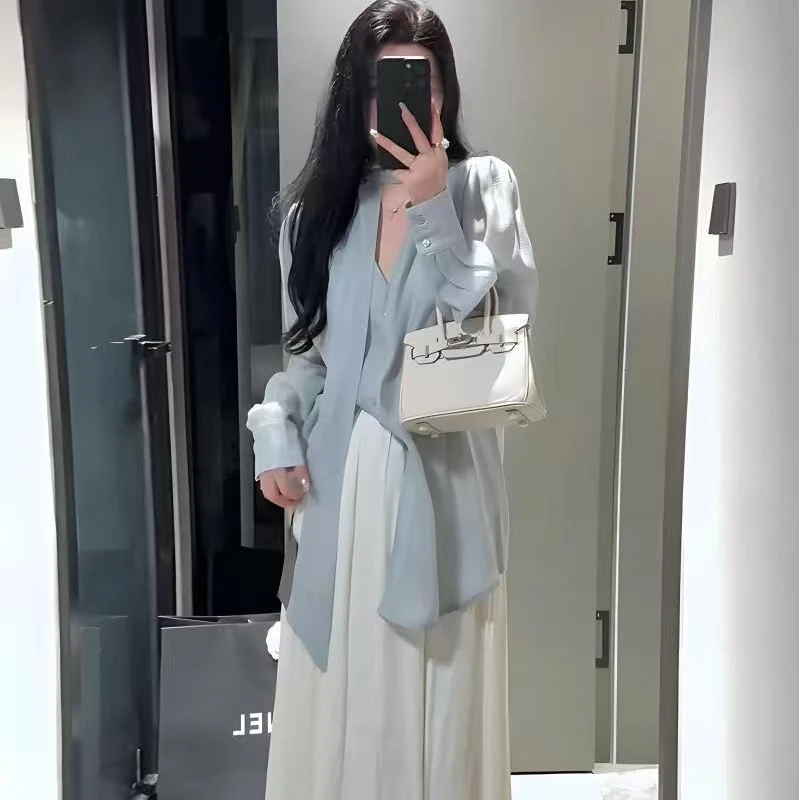 叮叮家【蓝风铃】飘带排扣宽松小众设计感衬衣+半身裙两件套