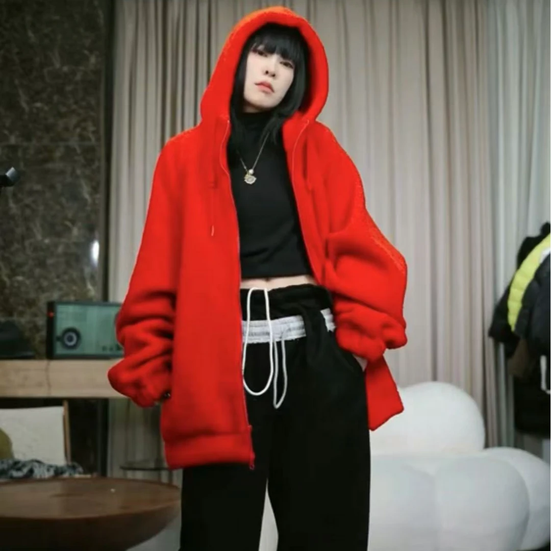 infobyfive福利秋冬新款加绒连帽抽绳狗熊毛毛拉链外套2DJ1410