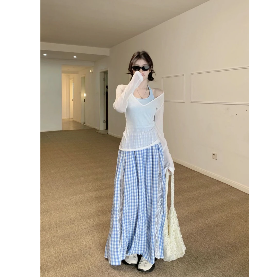 微透V领白色罩衫T恤女挂脖背心套装春季蕾丝拼接格子半身裙三件套