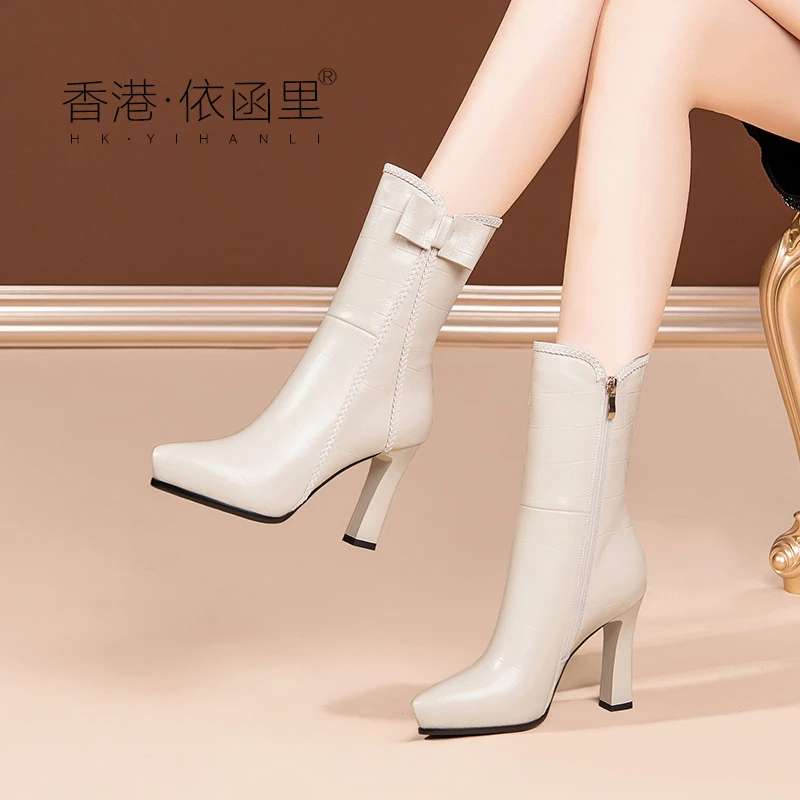 2025秋冬新款中筒靴防水台高跟厚底大码女鞋短靴白色单靴真皮靴子