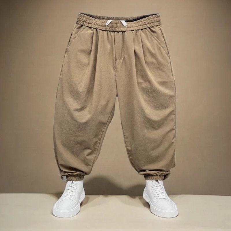 大码300斤束脚宽松哈伦裤简约休闲裤加大男装薄款速干运动裤子ins