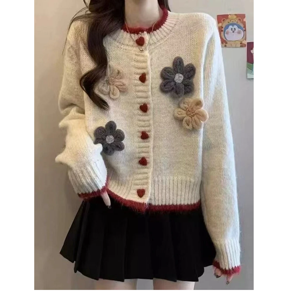 冬季花朵爱心女小香风复古百搭毛衣针织衫0681