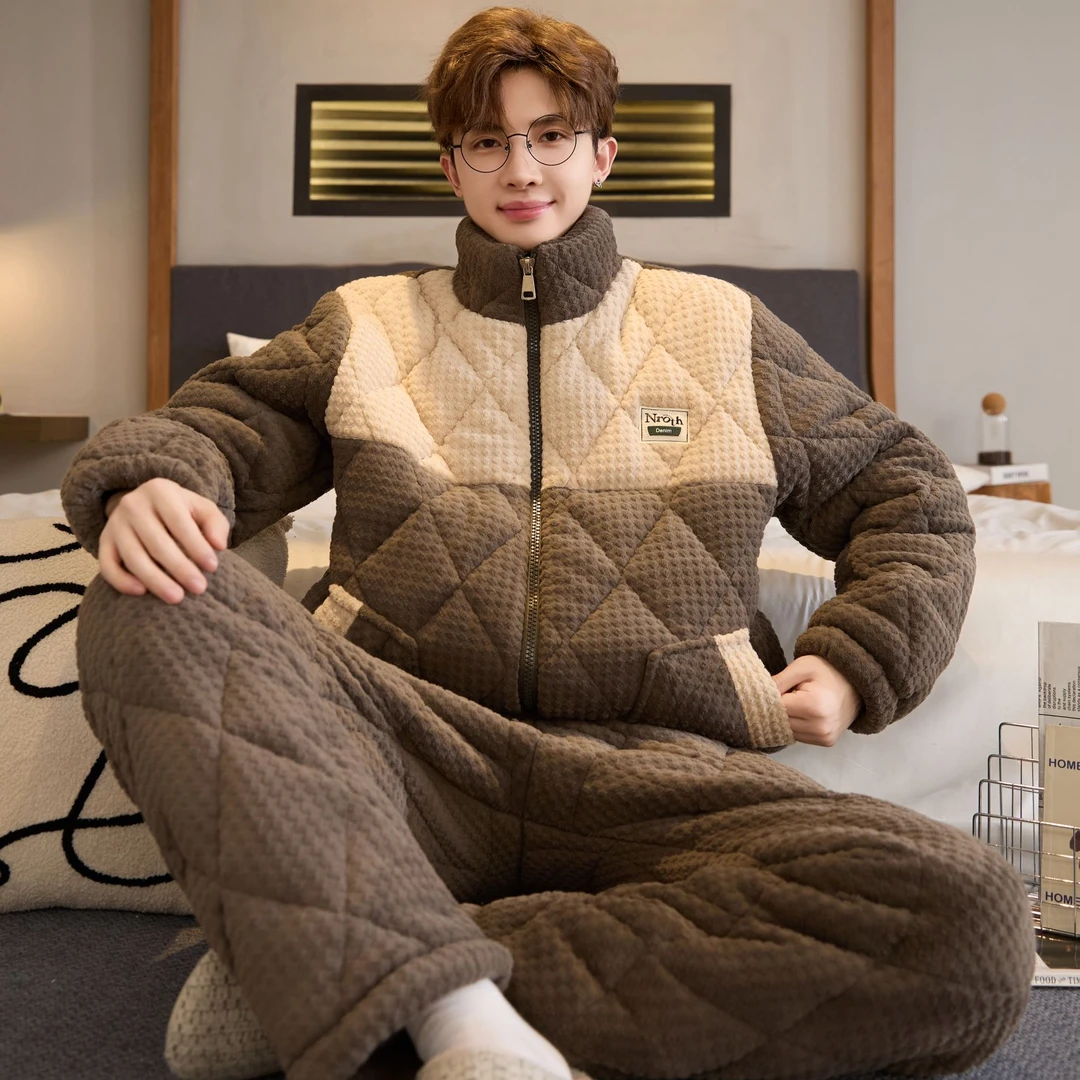 家居服套装男士三层夹棉冬加厚加绒睡衣秋冬季加厚冬天