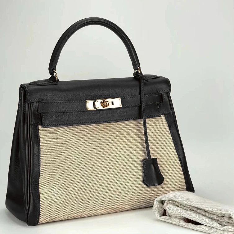 99新 Hermes/爱马仕 kelly32深蓝色金扣帆布拼皮银扣手提包