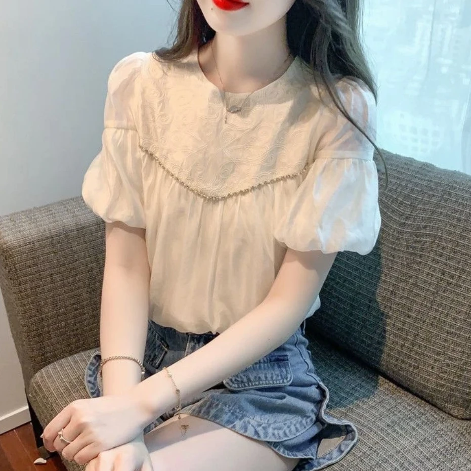 夏季2025新款复古泡泡袖雪纺衬衫女设计感小众洋派减龄小衫女上衣