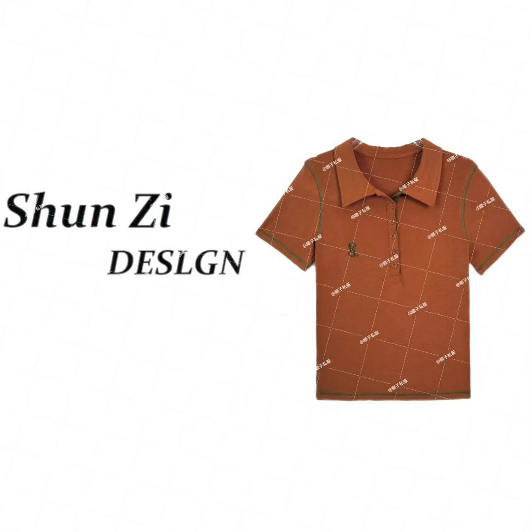 顺子/SZ7096 夏季简约时尚圆领排扣拼接撞色刺绣logo百搭显瘦T恤