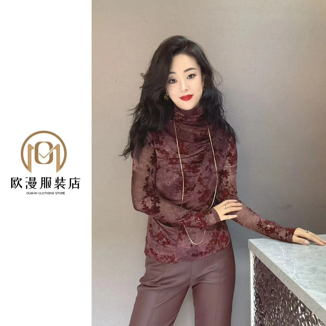 欧漫家【扎染植绒】定制安可拉红/灰色斜裁百褶高领打底衫气质